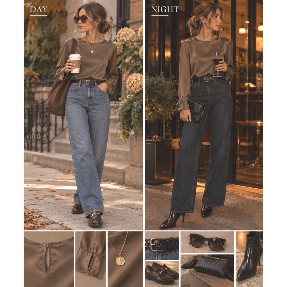 lafayette 148 silk luxe cocoa brown fall winter elevated day night jeans layer L